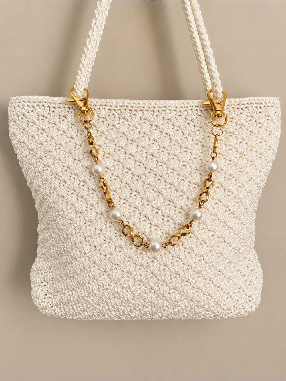 The Sak Cream Crochet Tote with Gold Bag Chain with Pearl-Accents